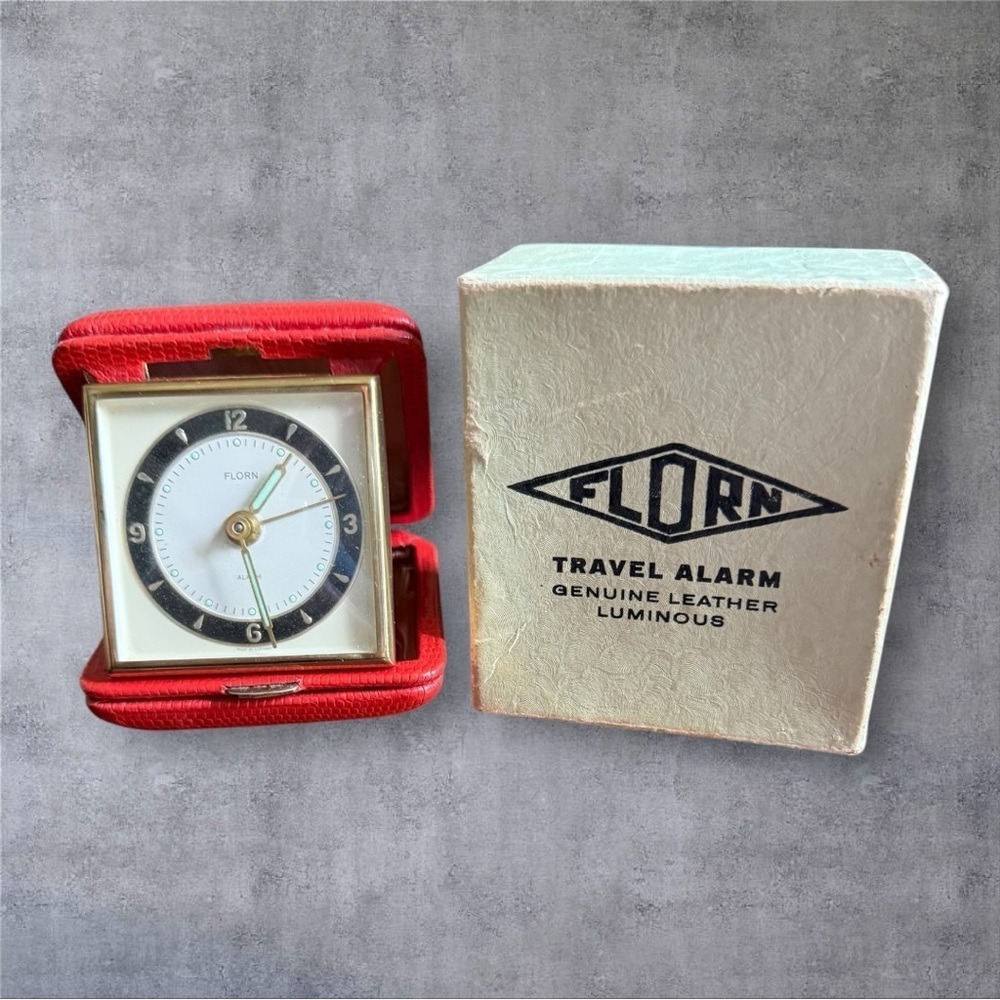 Vintage Florn Travel Alarm Clock in a Genuine Red Leather Case